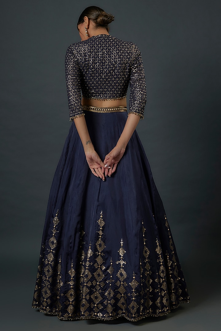 Navy Blue Chiffon Sequins Embroidered Bridal Lehenga Set by Nakul Sen at Pernia's Pop Up Shop