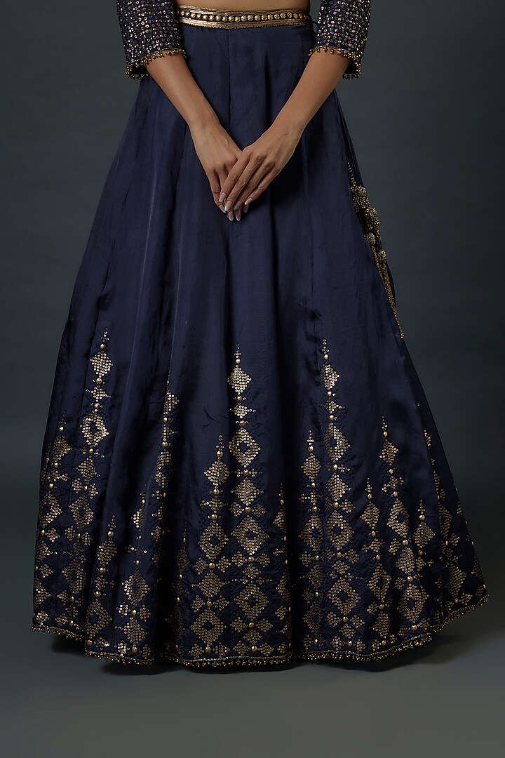 Navy Blue Chiffon Sequins Embroidered Bridal Lehenga Set by Nakul Sen at Pernia's Pop Up Shop