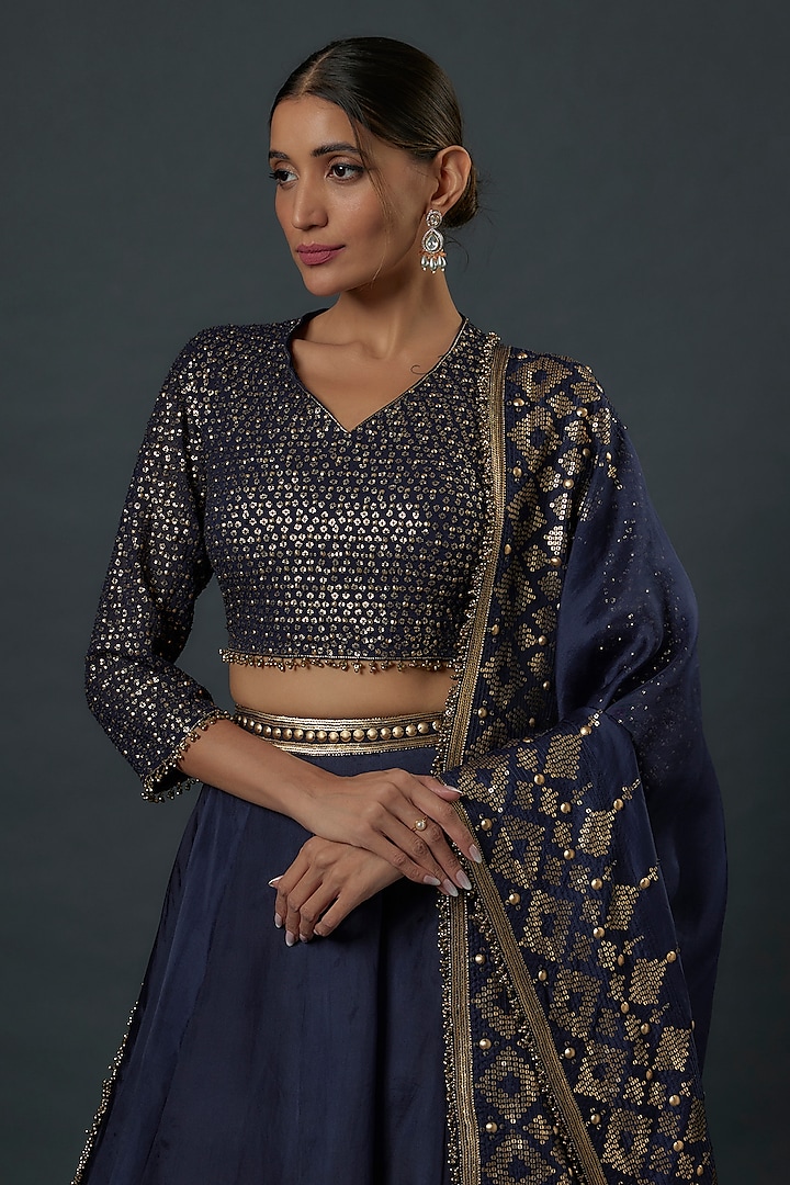 Navy Blue Chiffon Sequins Embroidered Bridal Lehenga Set by Nakul Sen at Pernia's Pop Up Shop