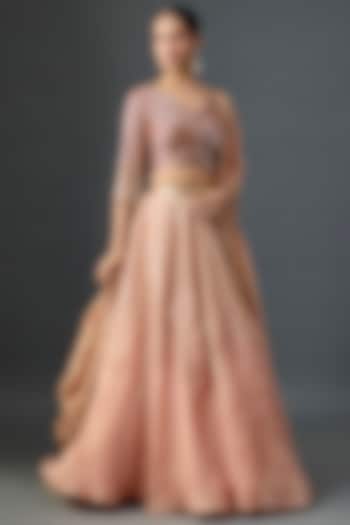Pink Silk Chiffon Sequins Embroidered Bridal Lehenga Set by Nakul Sen at Pernia's Pop Up Shop