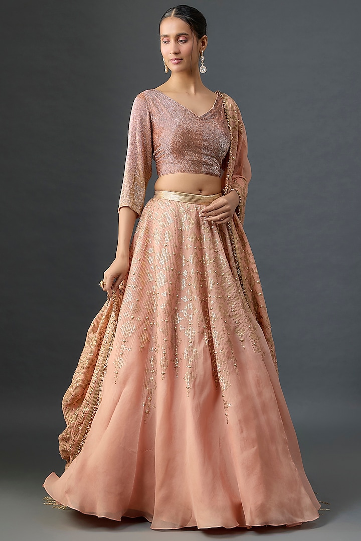 Pink Silk Chiffon Sequins Embroidered Bridal Lehenga Set by Nakul Sen at Pernia's Pop Up Shop