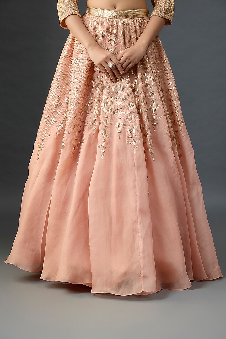 Pink Silk Chiffon Sequins Embroidered Bridal Lehenga Set by Nakul Sen at Pernia's Pop Up Shop