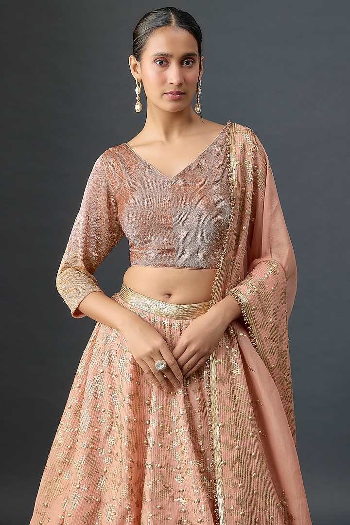 Pink Silk Chiffon Sequins Embroidered Bridal Lehenga Set by Nakul Sen at Pernia's Pop Up Shop