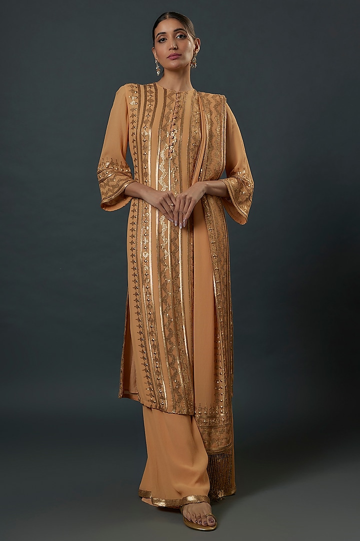 Peach Chiffon Sequins Embroidered Kurta Set by Nakul Sen at Pernia's Pop Up Shop