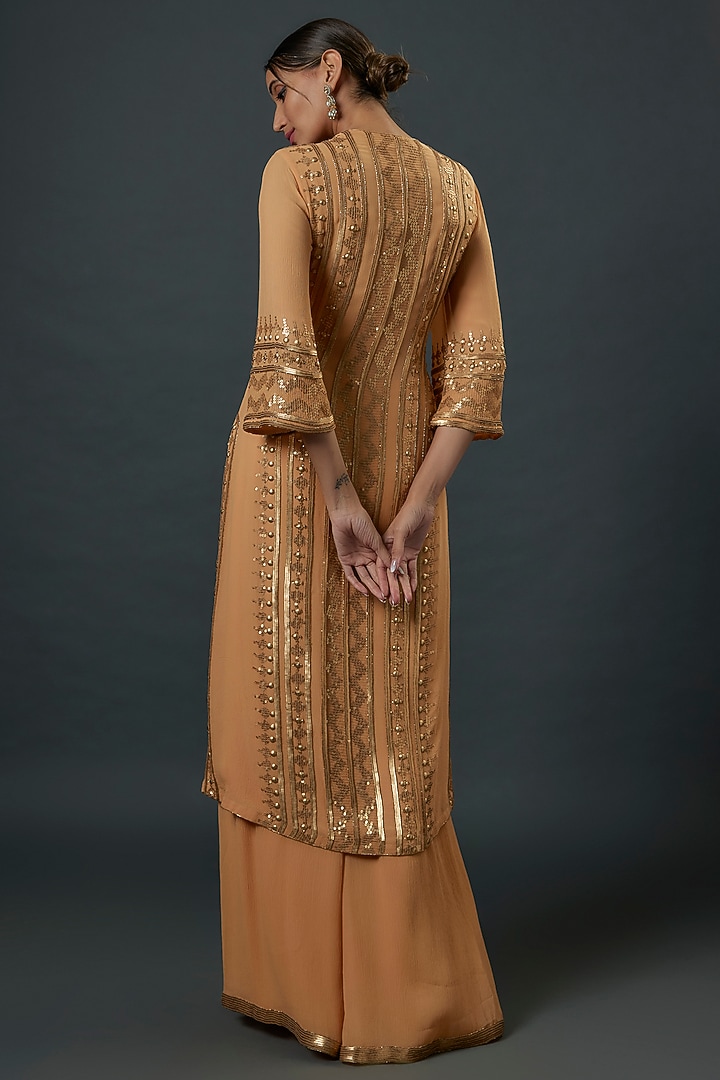 Peach Chiffon Sequins Embroidered Kurta Set by Nakul Sen at Pernia's Pop Up Shop