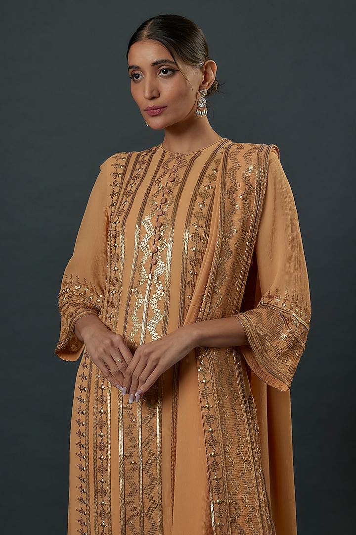 Peach Chiffon Sequins Embroidered Kurta Set by Nakul Sen at Pernia's Pop Up Shop
