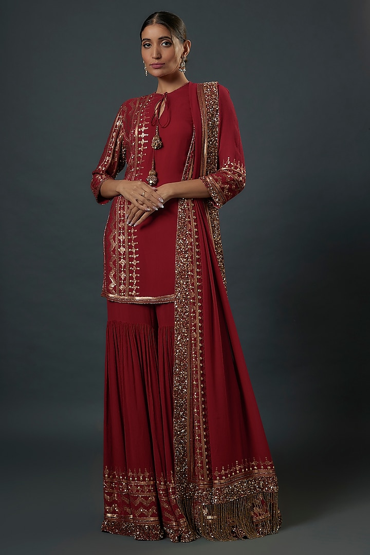 Red Chiffon Sequins Embroidered Sharara Set by Nakul Sen at Pernia's Pop Up Shop