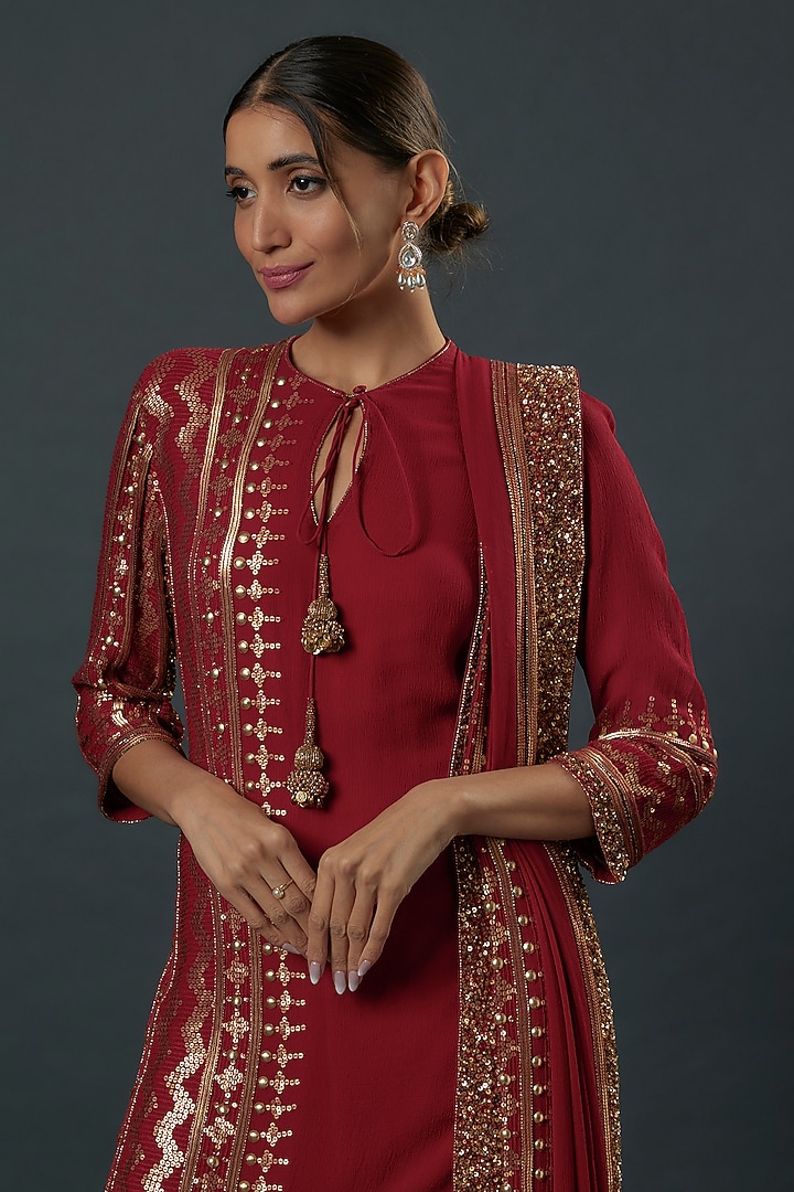 Red Chiffon Sequins Embroidered Bridal Sharara Set by Nakul Sen at Pernia's Pop Up Shop