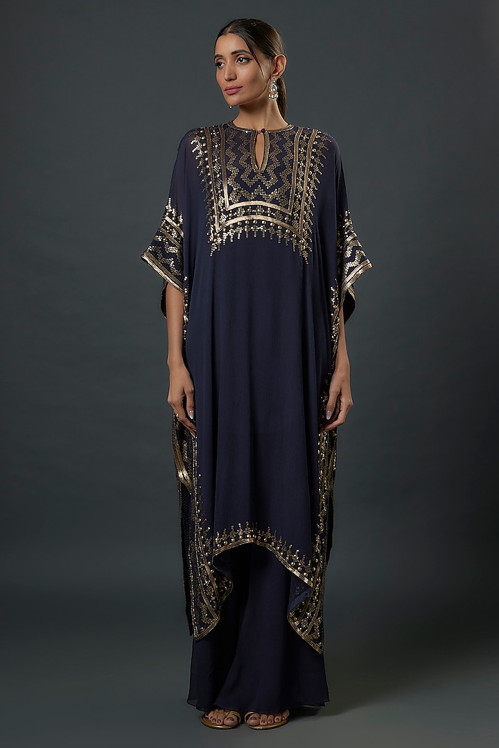 Navy Blue Chiffon Sequins Embroidered Kurta Set by Nakul Sen at Pernia's Pop Up Shop