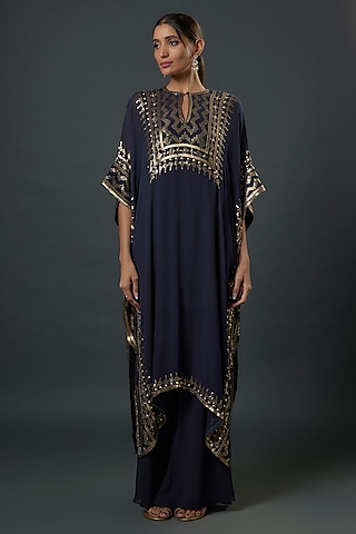 Navy Blue Chiffon Sequins Embroidered Kurta Set by Nakul Sen