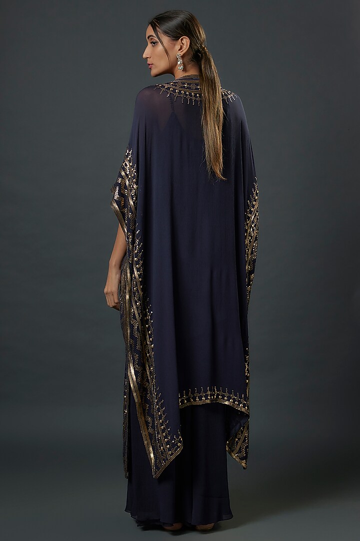 Navy Blue Chiffon Sequins Embroidered Kurta Set by Nakul Sen at Pernia's Pop Up Shop