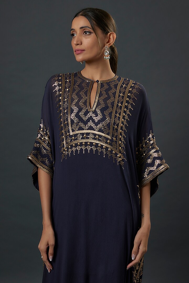 Navy Blue Chiffon Sequins Embroidered Kurta Set by Nakul Sen at Pernia's Pop Up Shop