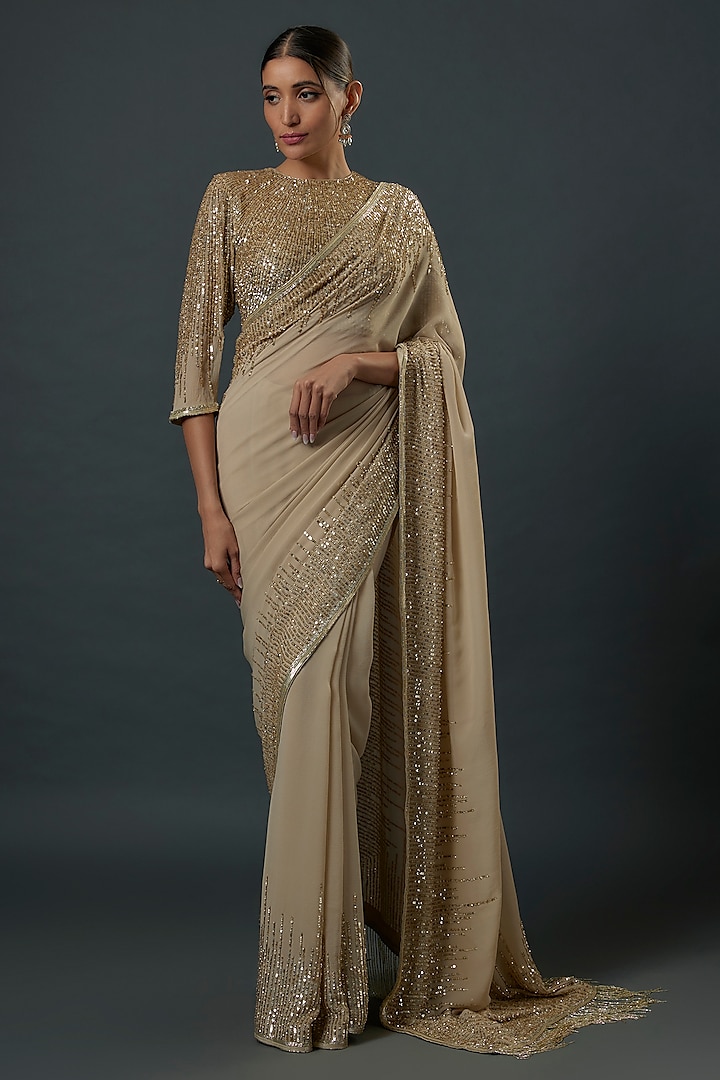 Mushroom-Colored Chiffon Sequins Embroidered Saree Set by Nakul Sen at Pernia's Pop Up Shop