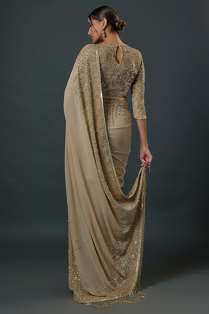 Mushroom-Colored Chiffon Sequins Embroidered Reception Saree Set by Nakul Sen at Pernia's Pop Up Shop