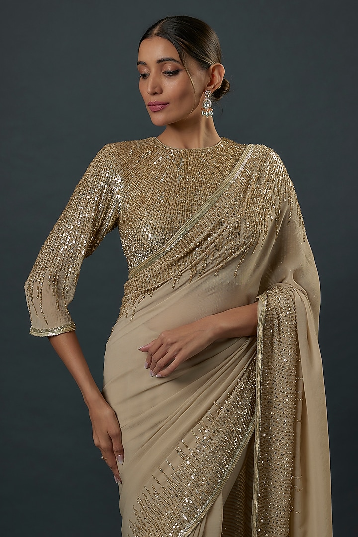 Mushroom-Colored Chiffon Sequins Embroidered Reception Saree Set by Nakul Sen at Pernia's Pop Up Shop