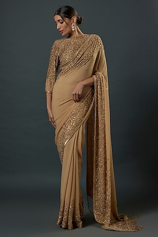 Beige Chiffon Sequins Embroidered Saree Set by Nakul Sen