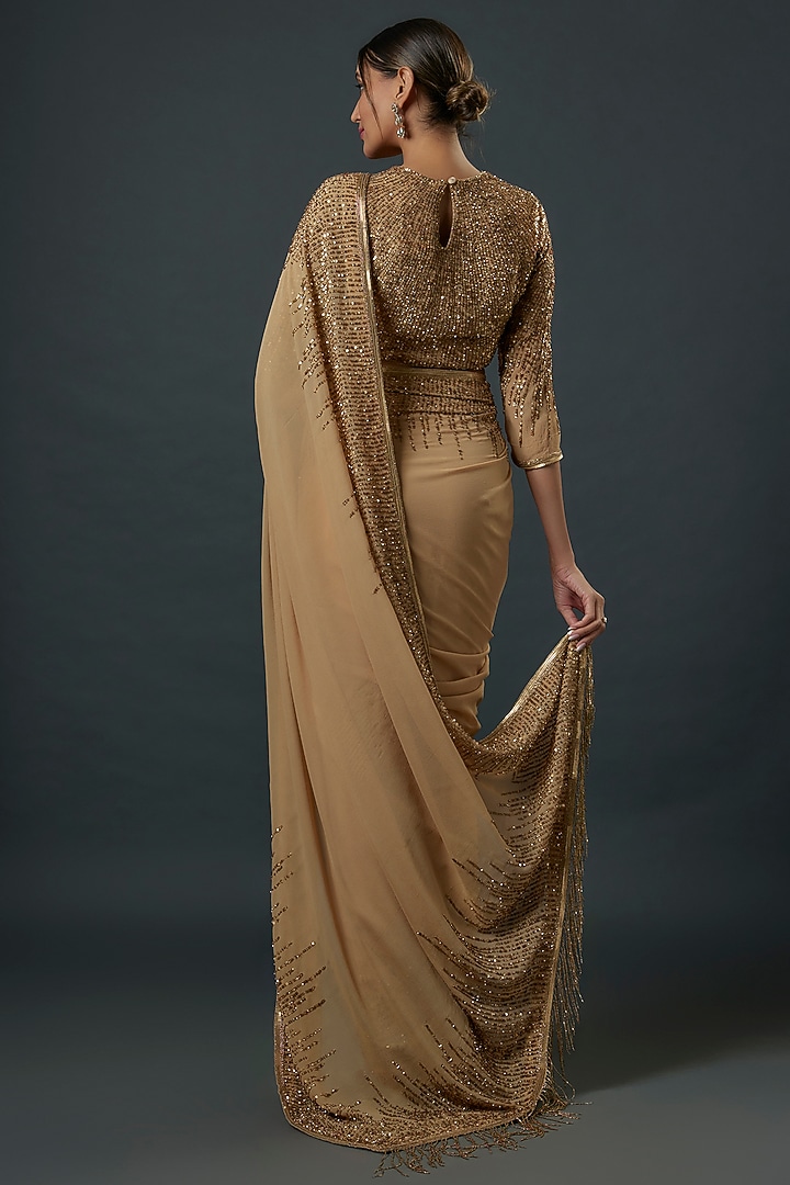 Beige Chiffon Sequins Embroidered Reception Saree Set by Nakul Sen at Pernia's Pop Up Shop