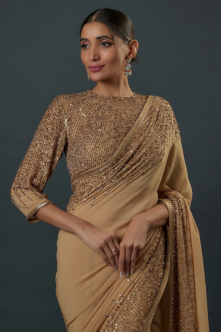 Beige Chiffon Sequins Embroidered Reception Saree Set by Nakul Sen at Pernia's Pop Up Shop