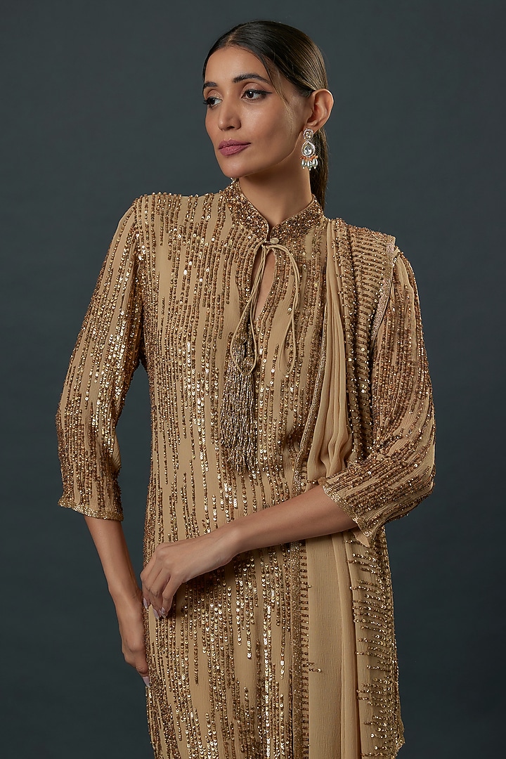 Beige Chiffon Sequins Embroidered Bridal Sharara Set by Nakul Sen at Pernia's Pop Up Shop