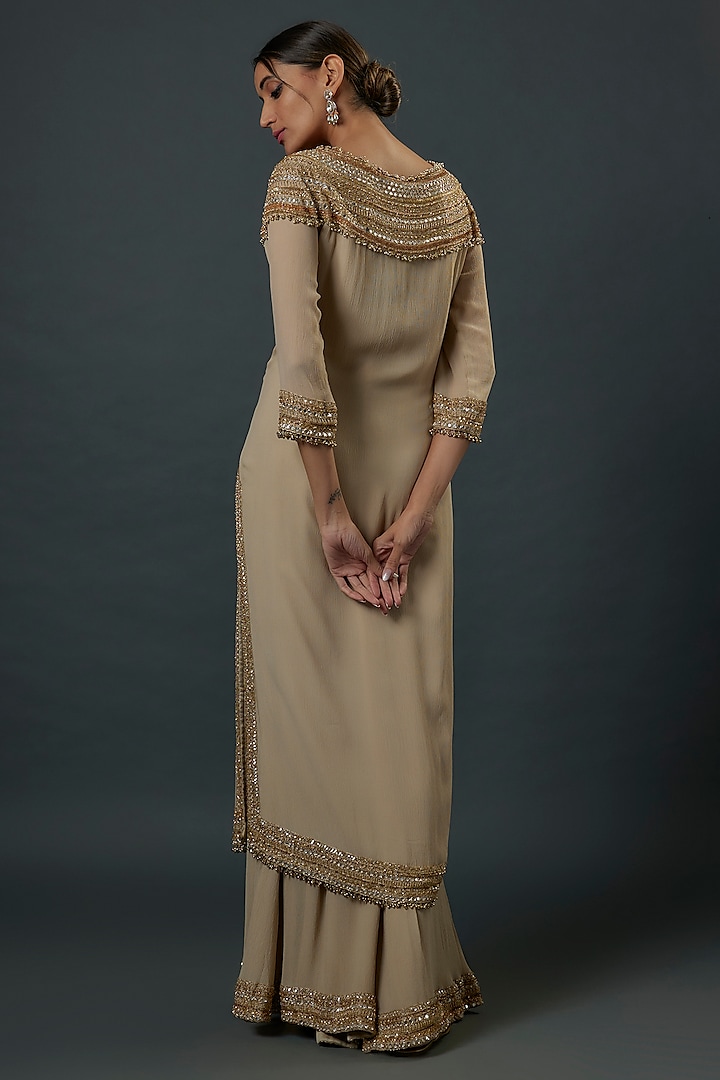 Mushroom-Colored Chiffon Sequins Embroidered Kurta Set by Nakul Sen at Pernia's Pop Up Shop