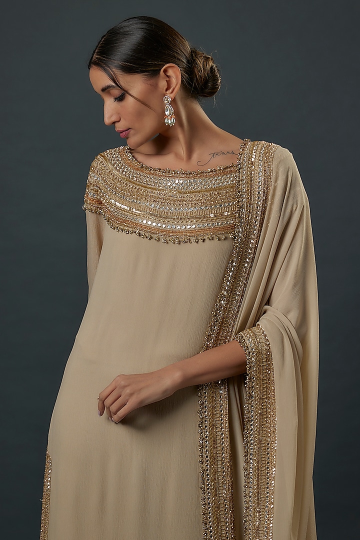 Mushroom-Colored Chiffon Sequins Embroidered Kurta Set by Nakul Sen at Pernia's Pop Up Shop
