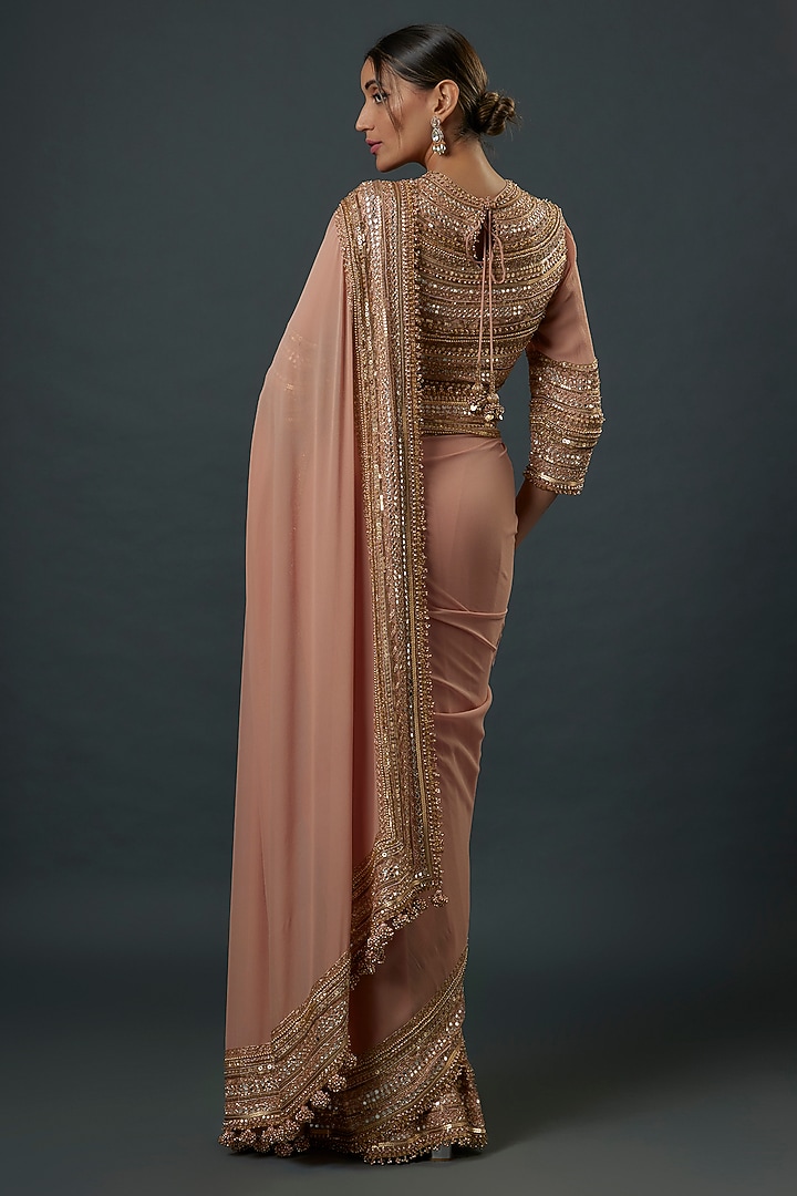 Blush Pink Chiffon Sequins Embroidered Bridal Saree Set by Nakul Sen at Pernia's Pop Up Shop