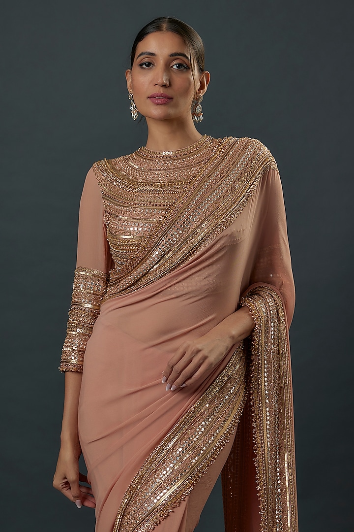 Blush Pink Chiffon Sequins Embroidered Bridal Saree Set by Nakul Sen at Pernia's Pop Up Shop