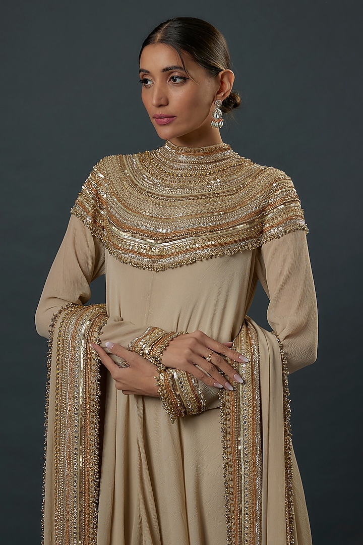 Mushroom-Colored Chiffon Sequins Embroidered Kurta Set by Nakul Sen at Pernia's Pop Up Shop
