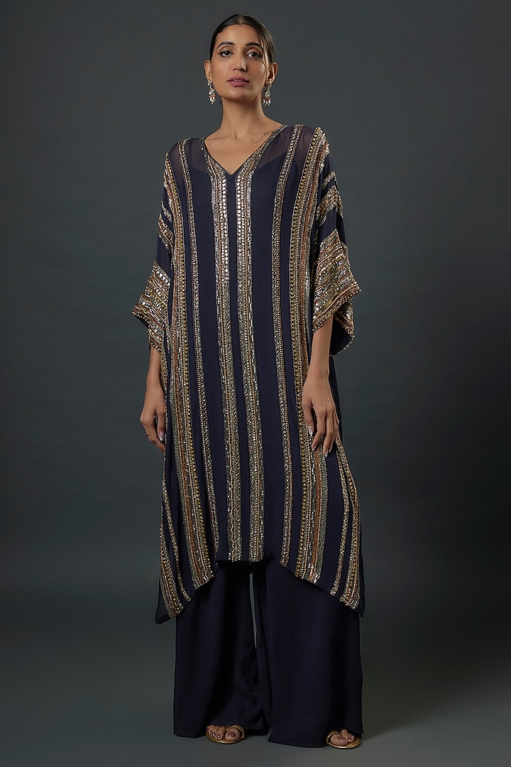 Navy Blue Chiffon Sequins Embroidered Kaftan Set by Nakul Sen at Pernia's Pop Up Shop