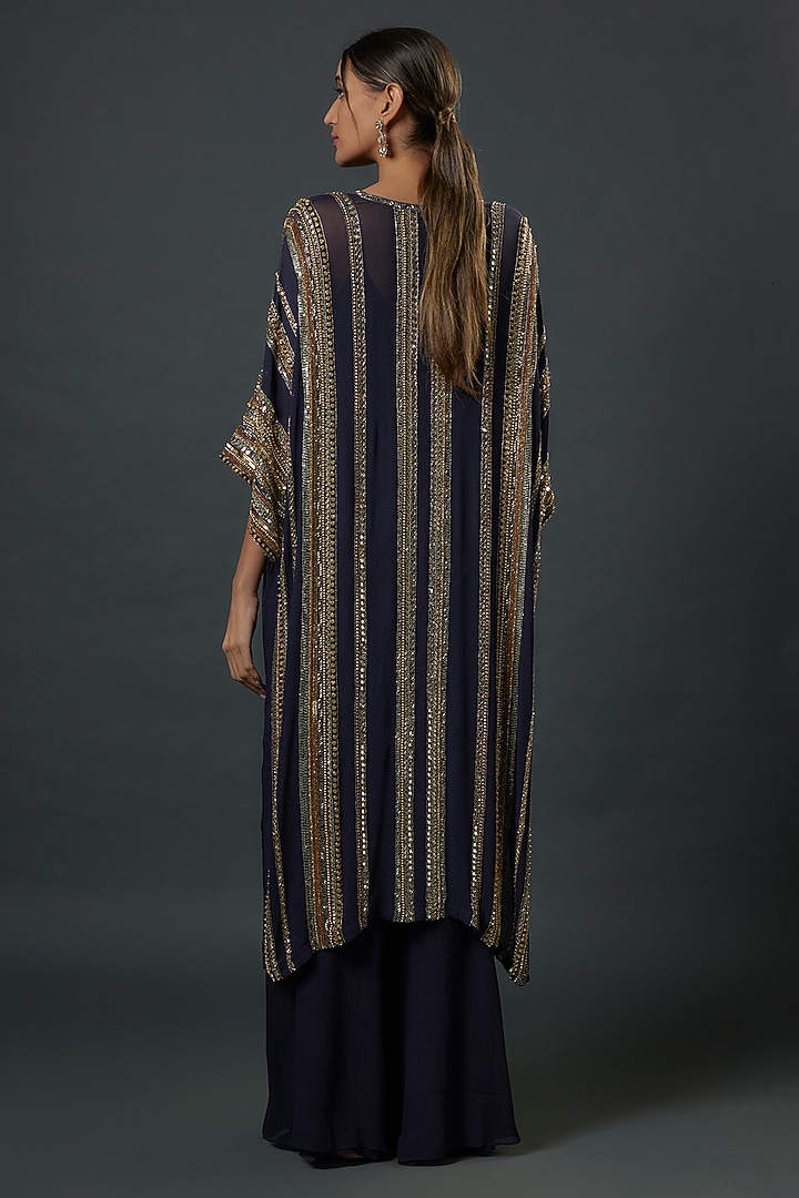 Navy Blue Chiffon Sequins Embroidered Kaftan Set by Nakul Sen at Pernia's Pop Up Shop