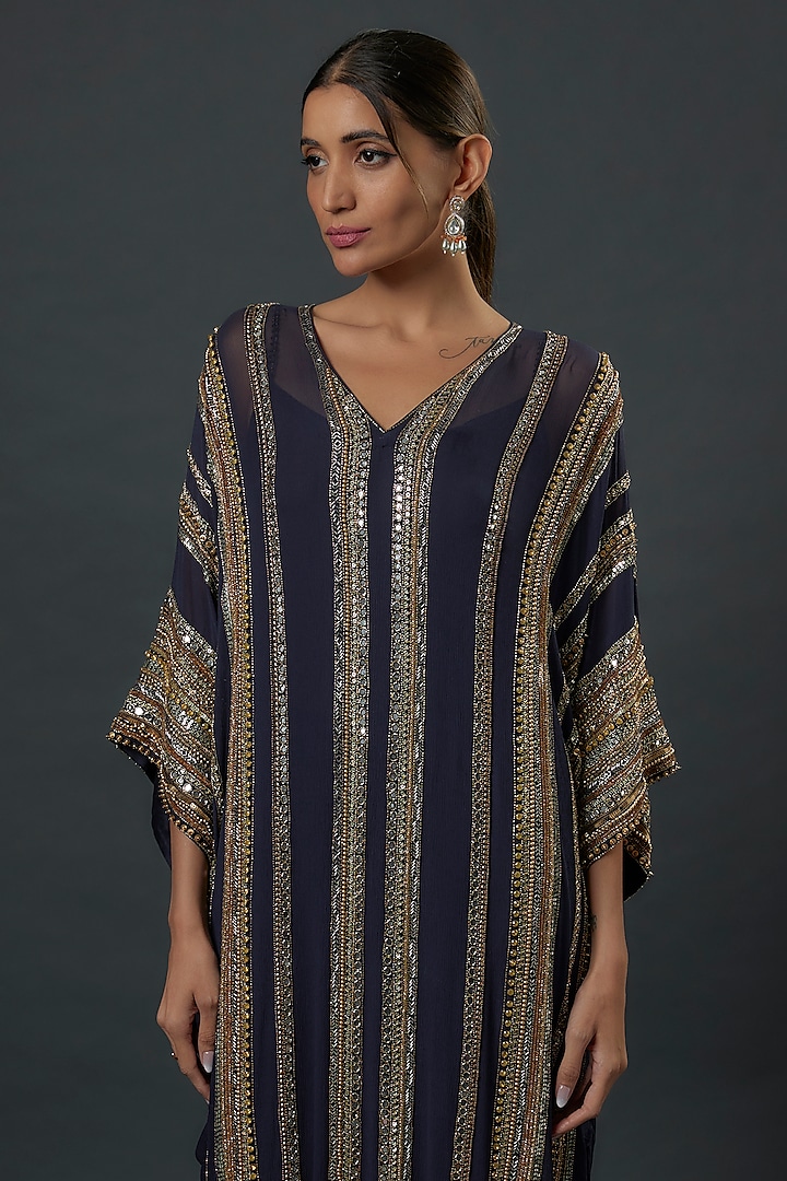 Navy Blue Chiffon Sequins Embroidered Kaftan Set by Nakul Sen at Pernia's Pop Up Shop
