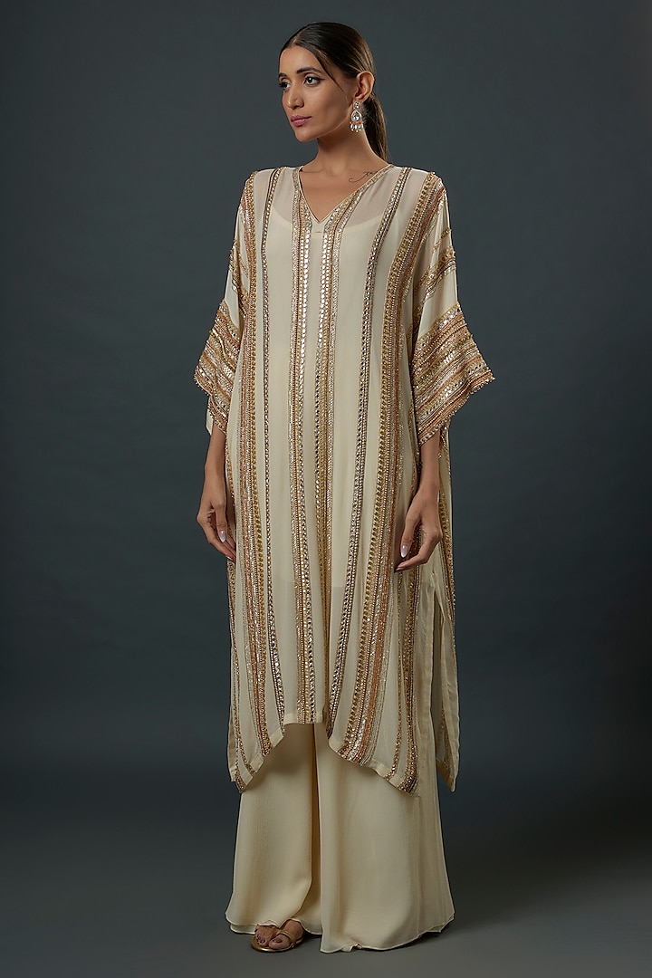 Ivory Chiffon Sequins Embroidered Kaftan Set by Nakul Sen at Pernia's Pop Up Shop