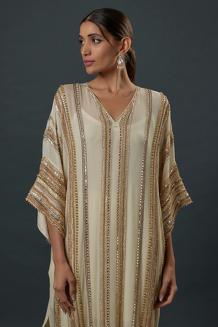 Ivory Chiffon Sequins Embroidered Kaftan Set by Nakul Sen at Pernia's Pop Up Shop