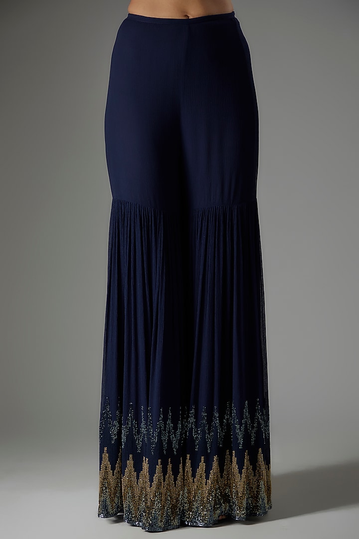 Navy Chiffon Sequins Embroidered Bridal Sharara Set by Nakul Sen at Pernia's Pop Up Shop