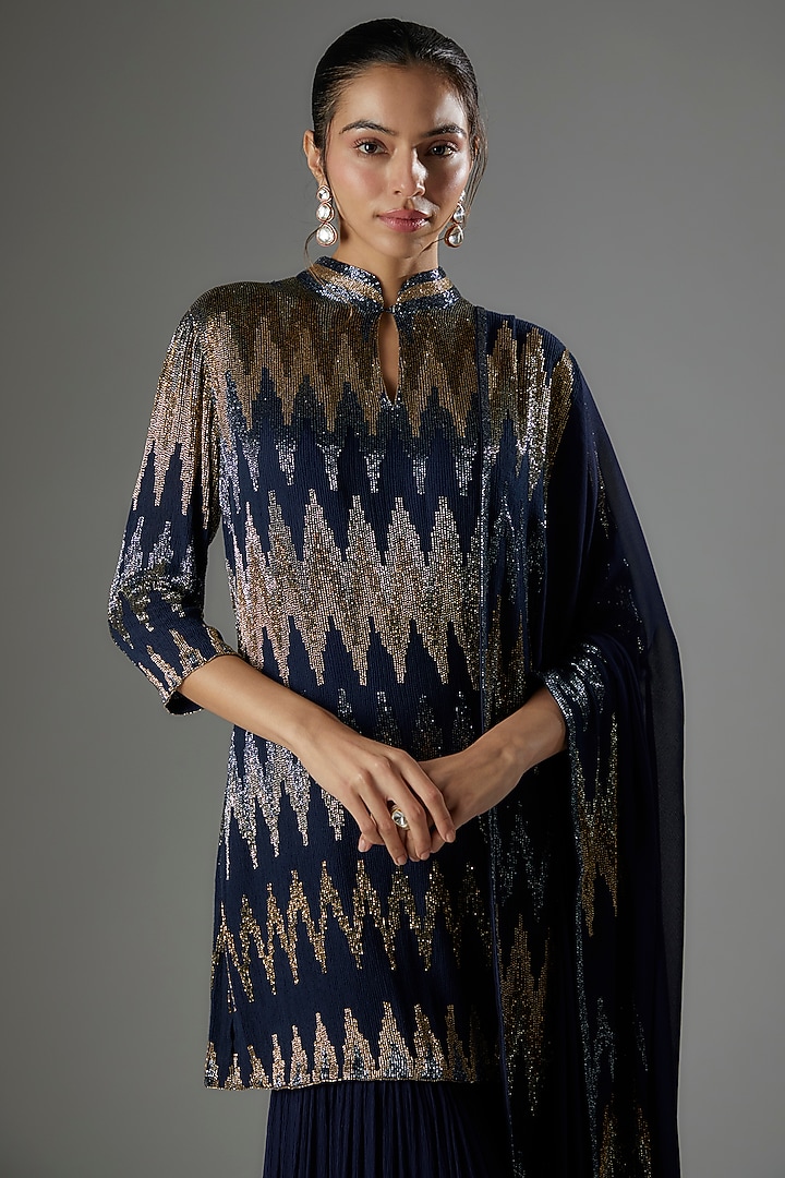 Navy Chiffon Sequins Embroidered Bridal Sharara Set by Nakul Sen at Pernia's Pop Up Shop