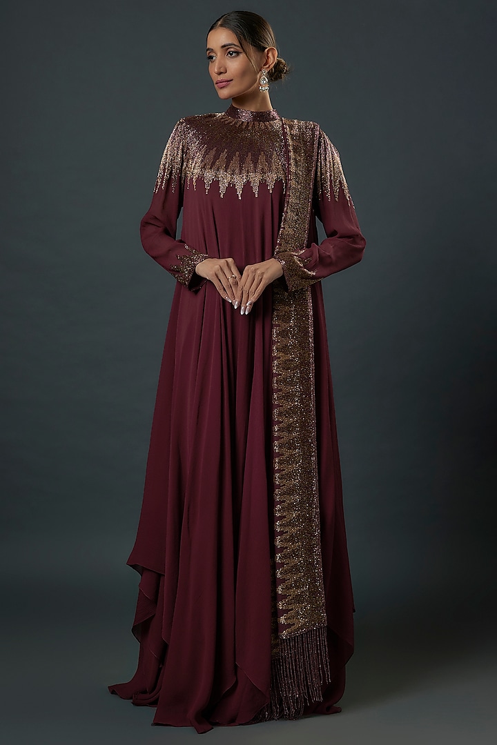 Wine Chiffon Sequins Embroidered Anarkali Set by Nakul Sen at Pernia's Pop Up Shop