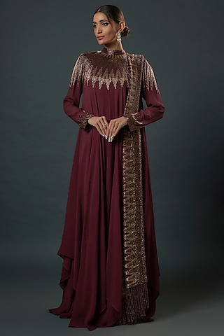 Wine Chiffon Sequins Embroidered Anarkali Set by Nakul Sen