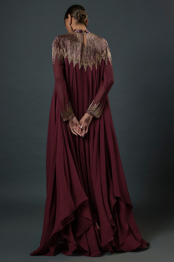 Wine Chiffon Sequins Embroidered Bridal Anarkali Set by Nakul Sen at Pernia's Pop Up Shop