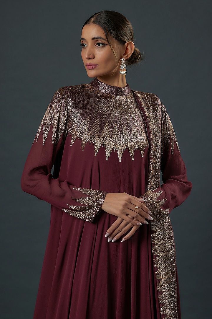 Wine Chiffon Sequins Embroidered Bridal Anarkali Set by Nakul Sen at Pernia's Pop Up Shop