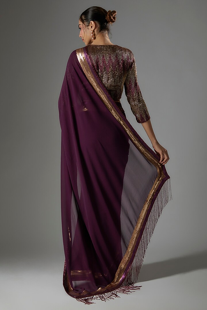 Aubergine Chiffon Sequins Embroidered Reception Saree Set by Nakul Sen at Pernia's Pop Up Shop