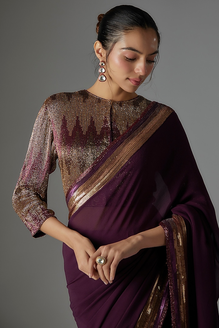 Aubergine Chiffon Sequins Embroidered Reception Saree Set by Nakul Sen at Pernia's Pop Up Shop