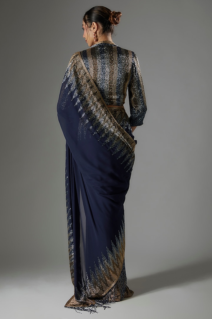 Navy Chiffon Sequins Embroidered Bridal Saree Set by Nakul Sen at Pernia's Pop Up Shop