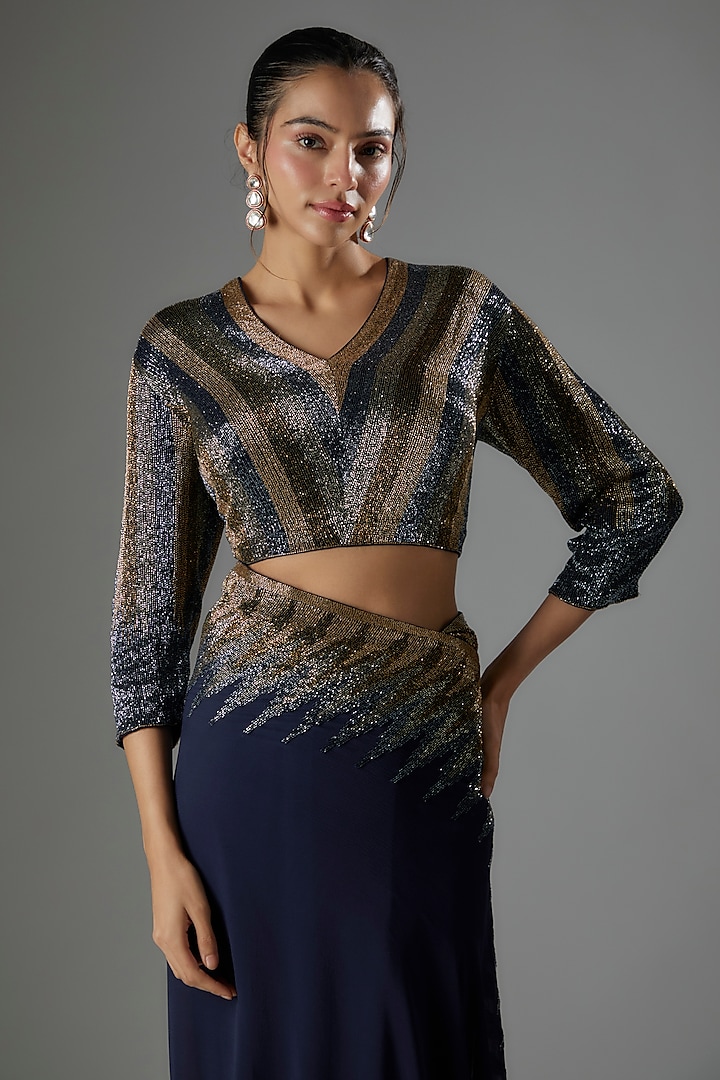 Navy Chiffon Sequins Embroidered Bridal Saree Set by Nakul Sen at Pernia's Pop Up Shop
