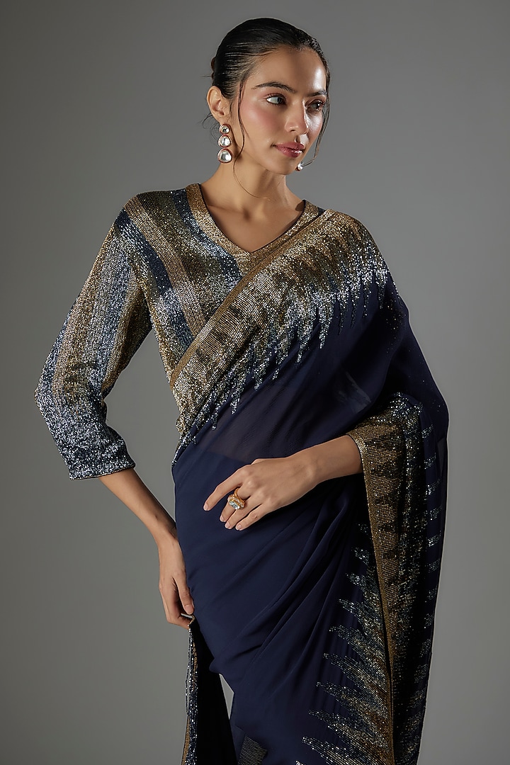 Navy Chiffon Sequins Embroidered Bridal Saree Set by Nakul Sen at Pernia's Pop Up Shop
