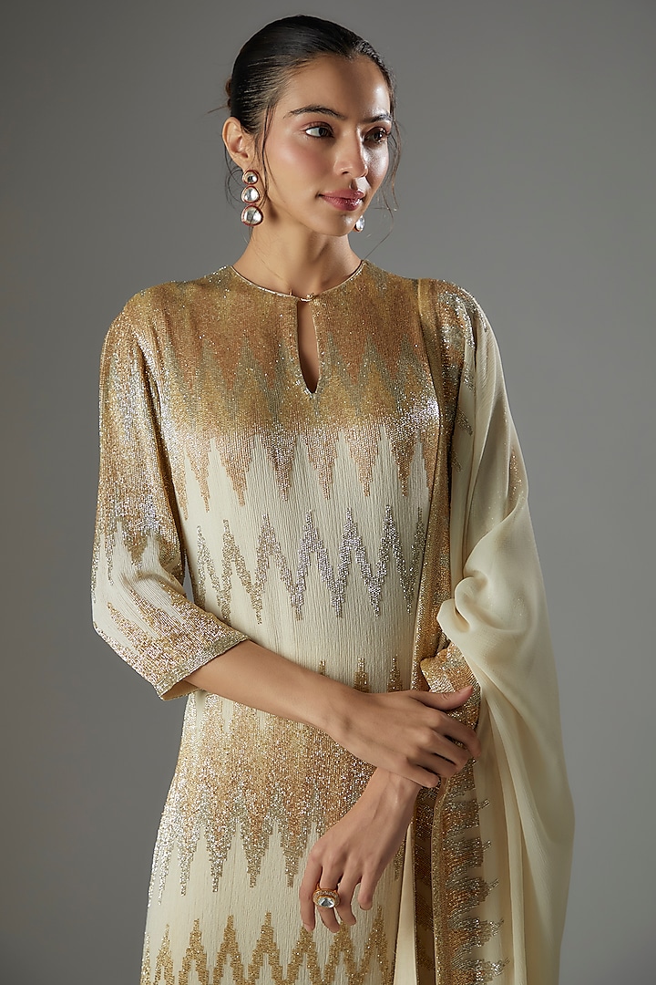 Ivory Chiffon Sequins Embroidered Kurta Set by Nakul Sen at Pernia's Pop Up Shop