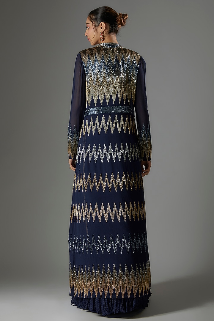 Navy Chiffon Sequins Embroidered Skirt Set by Nakul Sen at Pernia's Pop Up Shop