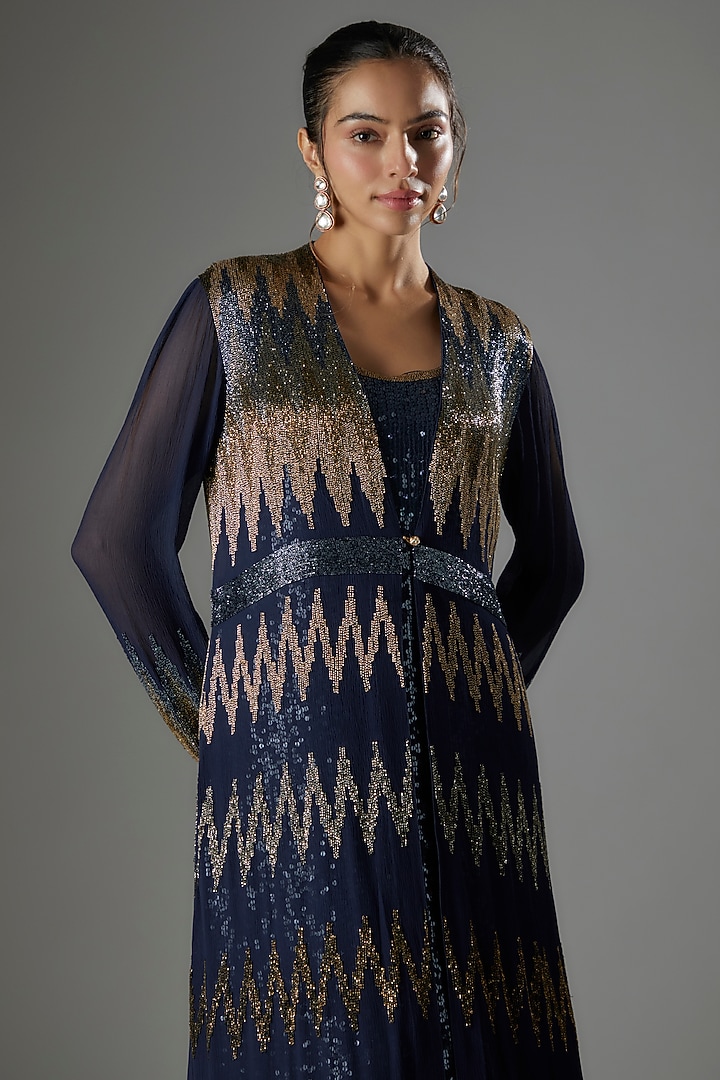Navy Chiffon Sequins Embroidered Skirt Set by Nakul Sen at Pernia's Pop Up Shop