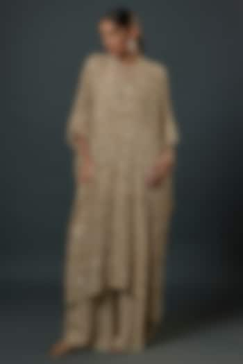 Mushroom-Colored Chiffon Sequins Embroidered Kaftan Set by Nakul Sen at Pernia's Pop Up Shop