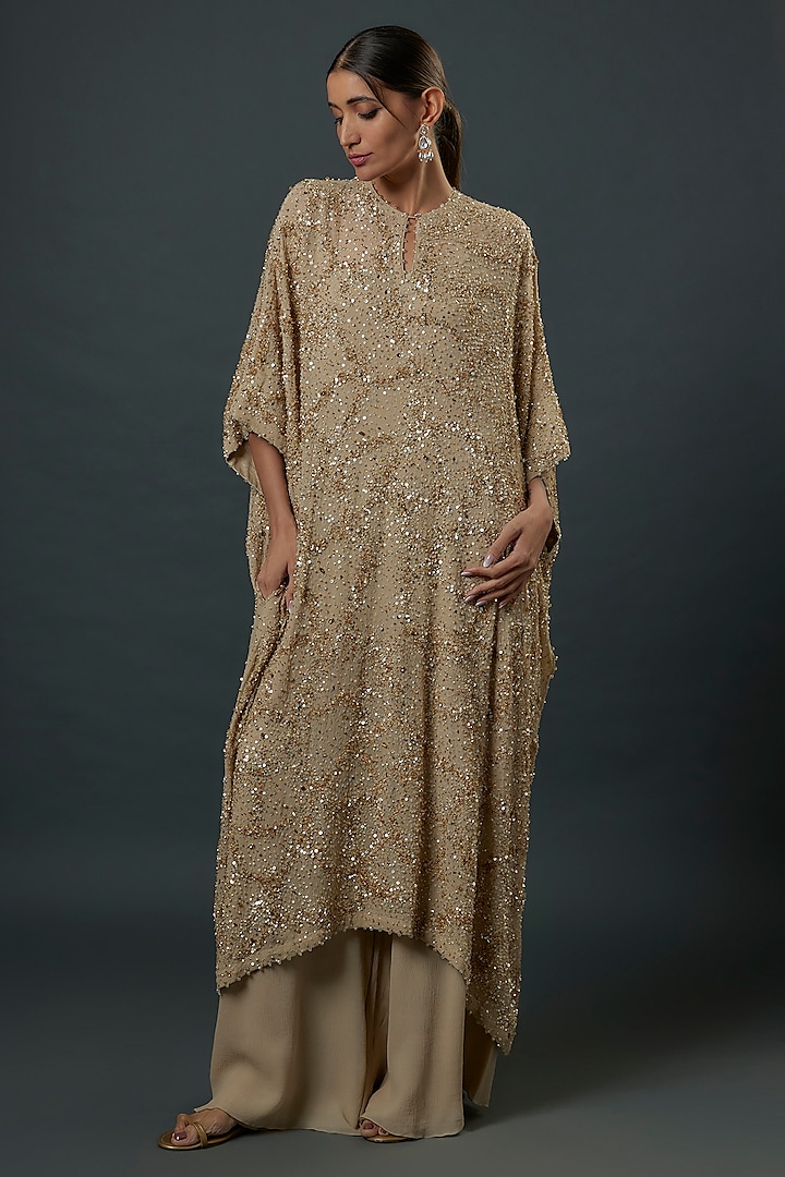 Mushroom-Colored Chiffon Sequins Embroidered Kaftan Set by Nakul Sen at Pernia's Pop Up Shop