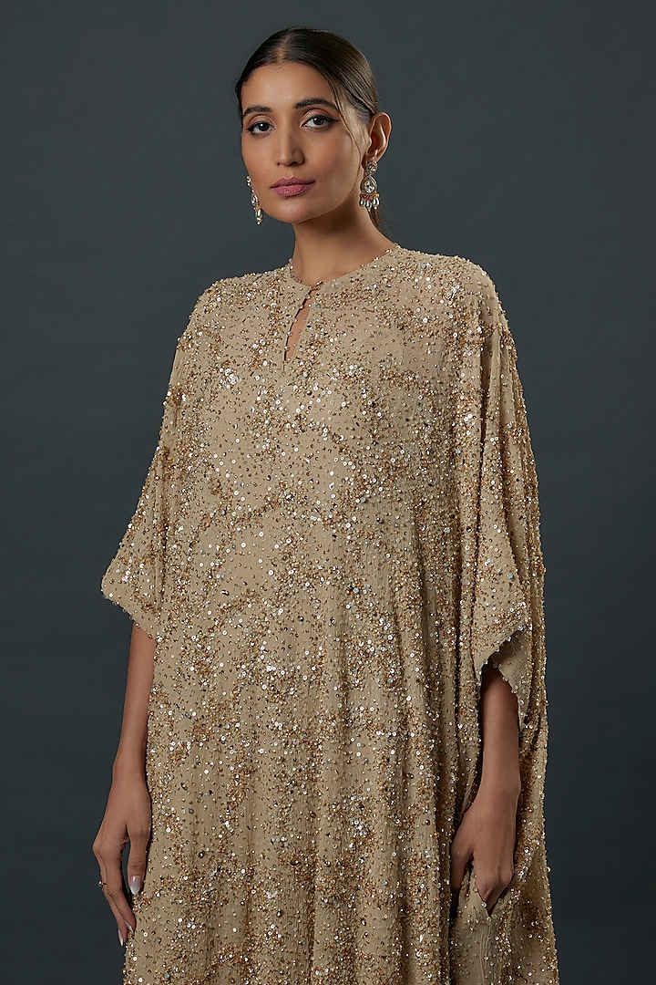 Mushroom-Colored Chiffon Sequins Embroidered Kaftan Set by Nakul Sen at Pernia's Pop Up Shop
